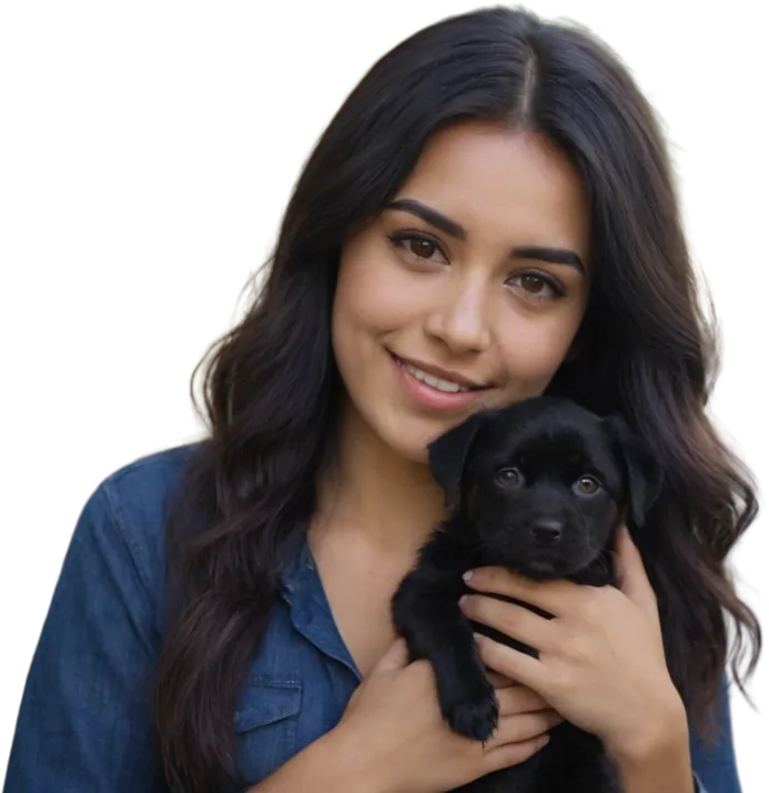 Voluntaria abrazando a un cachorro negro